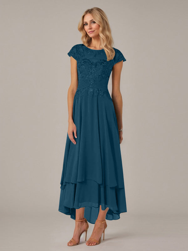 Vestido de madre de la novia de gasa asimétrica con escote barco, ilusión, corte A y encaje con pliegues y apliques