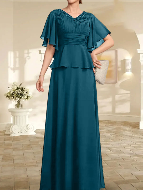 A-Linie, V-Ausschnitt, bodenlanges Chiffonkleid für die Brautmutter mit plissierter Perlenstickerei