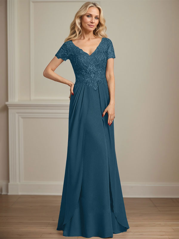 A-Linie V-Ausschnitt Bodenlanges Chiffon-Spitzenkleid für die Brautmutter