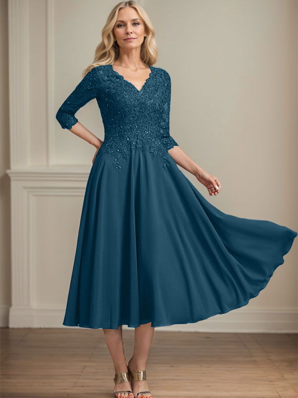 A-Linie, V-Ausschnitt, knielang, Chiffon, Spitze, Kleid für die Brautmutter mit Perlen und Pailletten