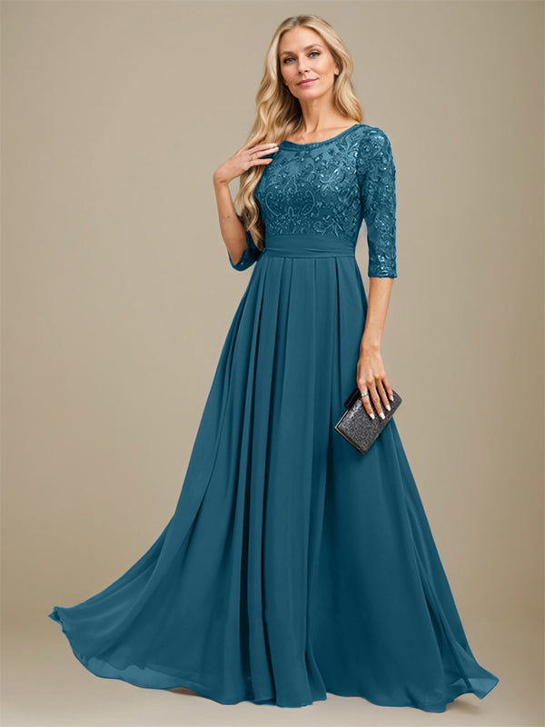 Vestido de madre de la novia de gasa con encaje, corte A, largo hasta el suelo y apliques de lentejuelas