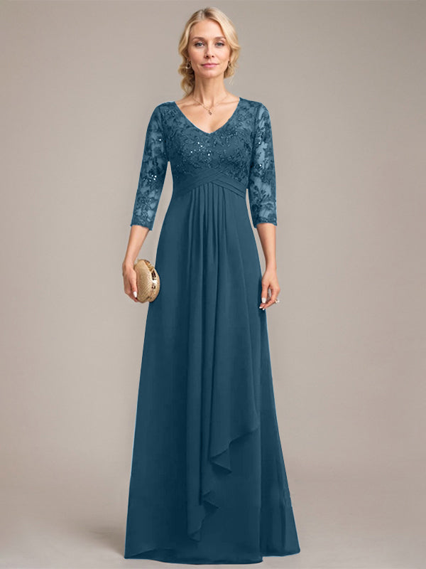 A-Linie, V-Ausschnitt, bodenlanges Chiffon-Kleid für die Brautmutter mit kaskadierenden Rüschen und Pailletten