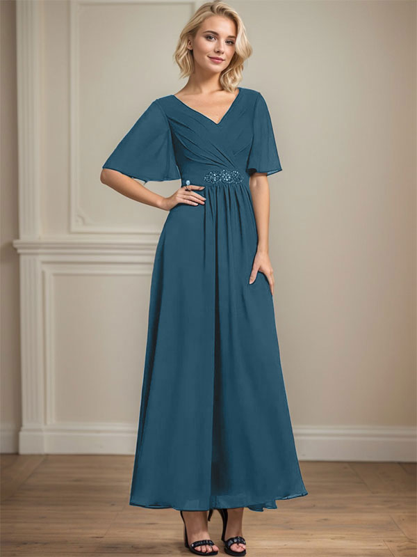 A-Linien-Kleid aus Chiffon mit V-Ausschnitt und Knöchellänge für die Brautmutter mit plissierten Perlen und Pailletten