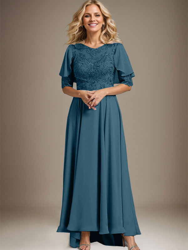 Vestido de madre de la novia de gasa asimétrica con encaje, ilusión, corte A y escote redondo con cuentas