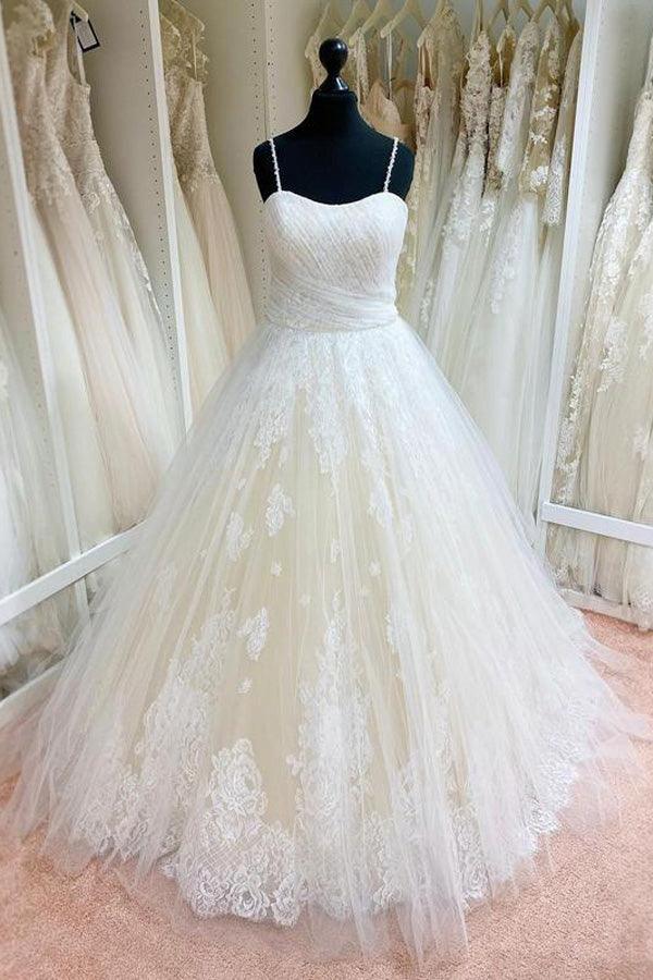 Tüll Spitze Spaghettiträger Applizierte Ballkleid Brautkleider
