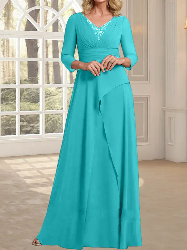 A-Linie, V-Ausschnitt, bodenlanges Chiffonkleid für die Brautmutter mit plissierter Perlenstickerei