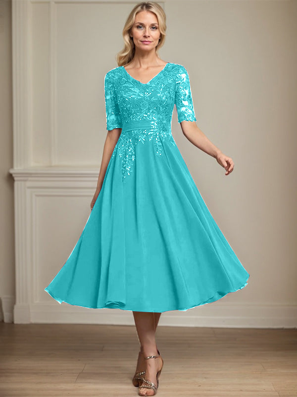 A-Linie V-Ausschnitt Wadenlanges Spitzen-Chiffon-Kleid für die Brautmutter mit Pailletten