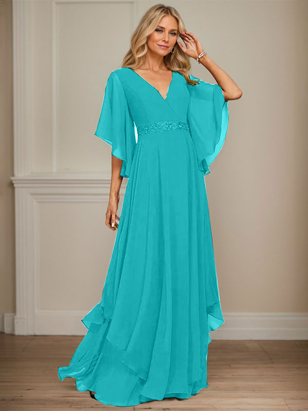 A-Linie V-Ausschnitt Bodenlang Chiffon Kleid für die Brautmutter mit Pailletten Applikationen Spitze Perlen
