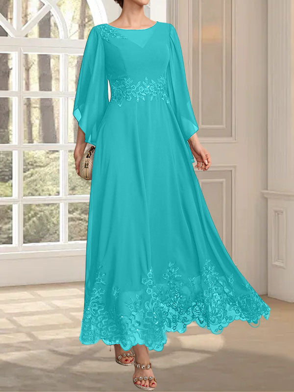 Vestido de gasa con encaje y lentejuelas para madre de la novia, corte A, escote ilusión, largo hasta los tobillos