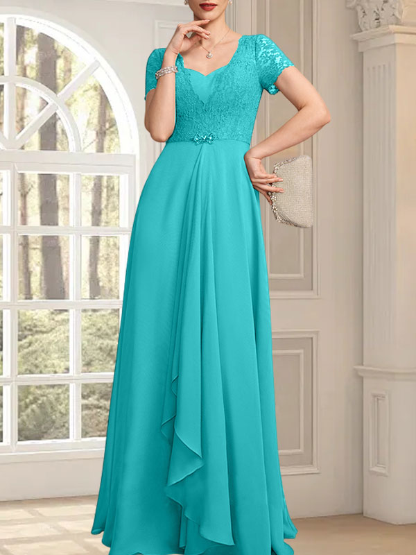 A-Linie, Herzausschnitt, bodenlang, Chiffon, Spitze, Kleid für die Brautmutter mit Perlenbesatz, kaskadierenden Rüschen