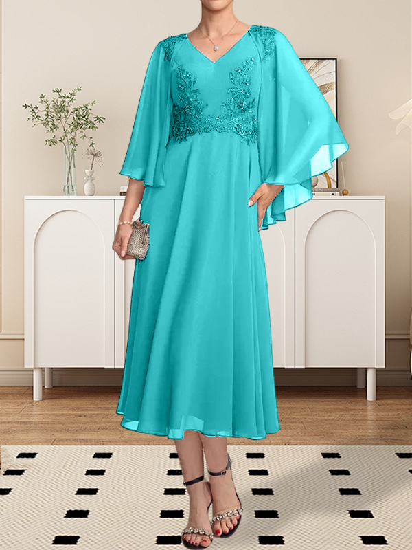 A-Linie, V-Ausschnitt, knielang, Chiffon, Spitze, Kleid für die Brautmutter mit Perlen und Pailletten