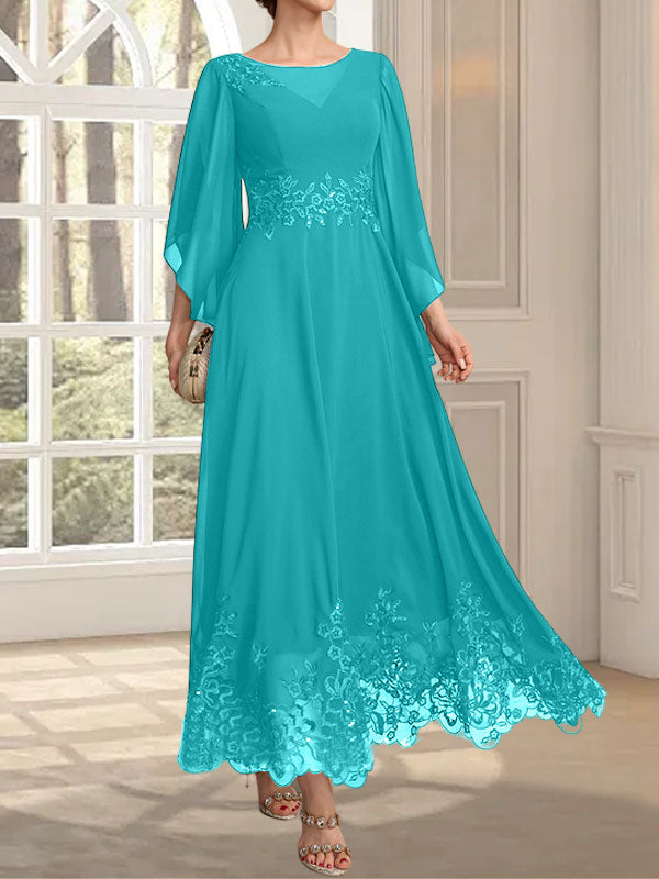 Vestido de gasa con encaje y lentejuelas para madre de la novia, corte A, escote ilusión, largo hasta los tobillos