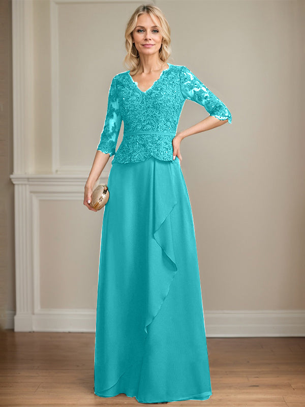 A-Linie, V-Ausschnitt, bodenlanges Chiffon-Kleid für die Brautmutter mit kaskadierenden Rüschen und Pailletten