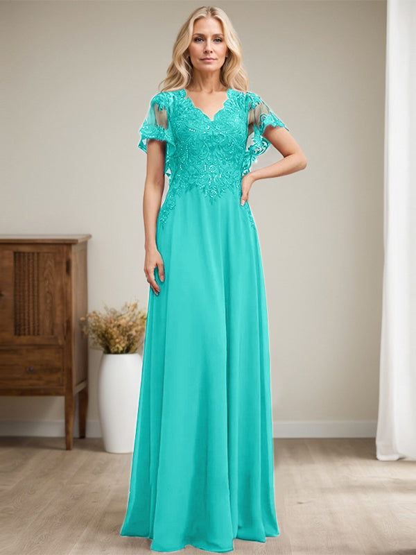 A-Linie V-Ausschnitt Bodenlanges Spitzen-Chiffon-Kleid für die Brautmutter mit Pailletten
