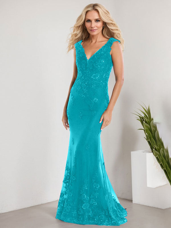 A-Linie V-Ausschnitt Bodenlang Spitze Chiffon Mutter der Braut Kleid Mit Applikation Pailletten Meerjungfrau Kleider