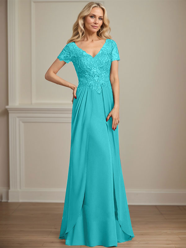 A-Linie V-Ausschnitt Bodenlanges Chiffon-Spitzenkleid für die Brautmutter