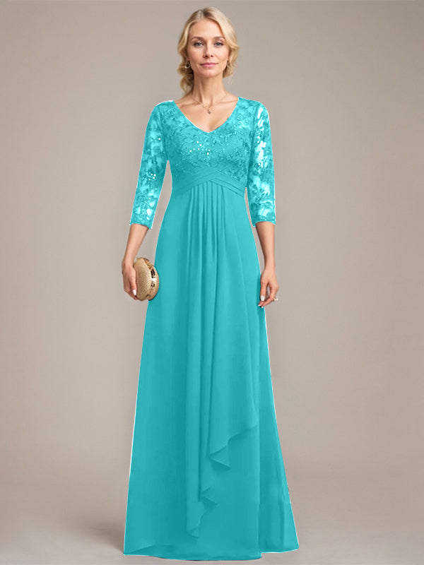 A-Linie, V-Ausschnitt, bodenlanges Chiffon-Kleid für die Brautmutter mit kaskadierenden Rüschen und Pailletten