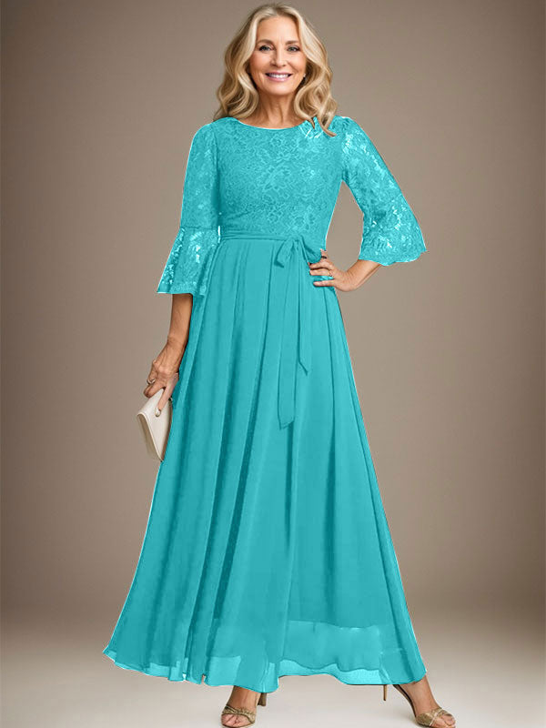 Vestido de gasa con encaje y lazo para madre de la novia, corte A, escote redondo hasta los tobillos