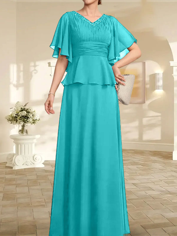 A-Linie, V-Ausschnitt, bodenlanges Chiffonkleid für die Brautmutter mit plissierter Perlenstickerei