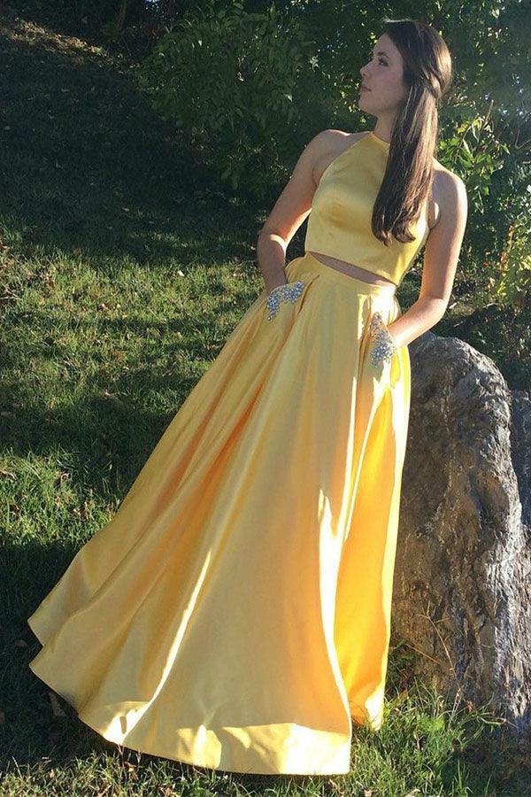 Vestido de fiesta largo de satén con cuello halter de dos piezas y bolsillo con cuentas
