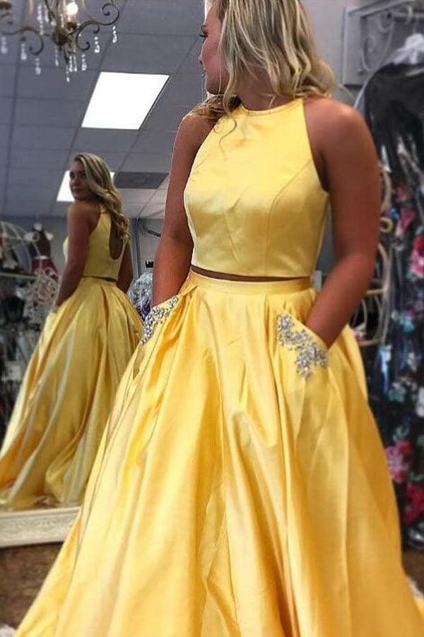 Vestido de fiesta largo de satén con cuello halter de dos piezas y bolsillo con cuentas