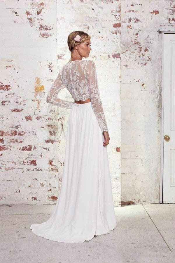 Zwei Stücke Lange Ärmel Spitze Weiß Strand Hochzeit Brautkleider