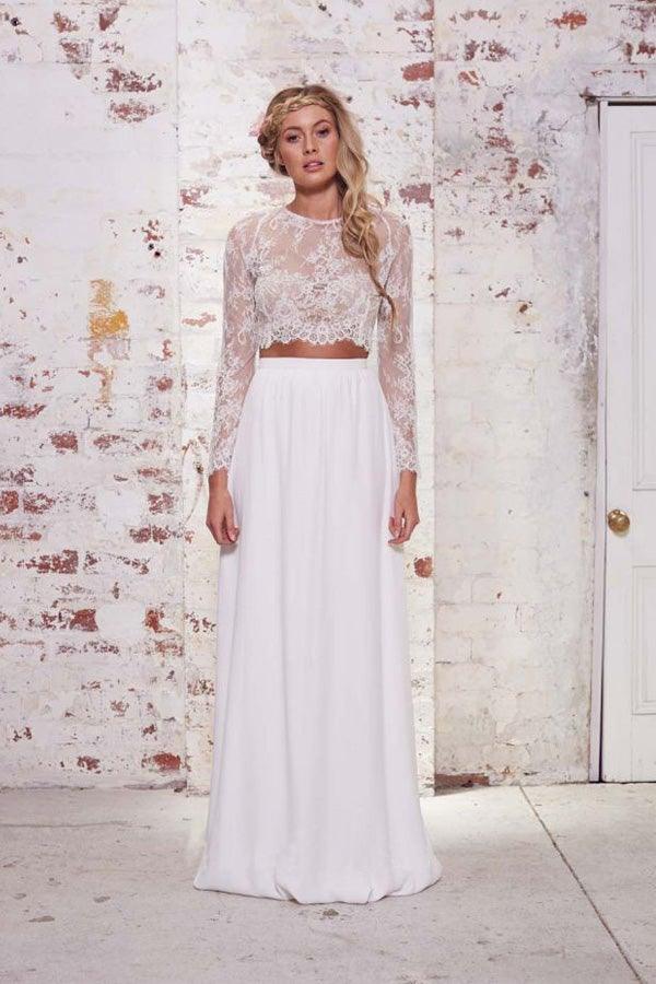 Zwei Stücke Lange Ärmel Spitze Weiß Strand Hochzeit Brautkleider