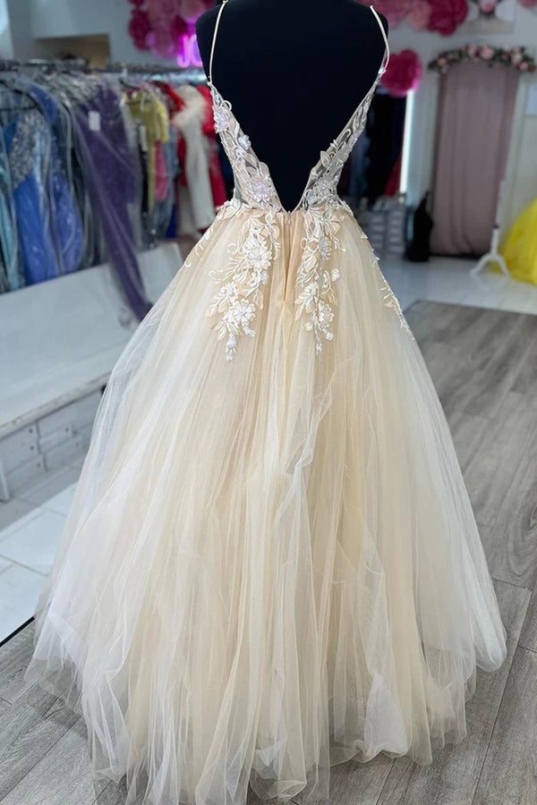 V-Ausschnitt Champagner Tüll Spitze Brautkleider Brautkleid