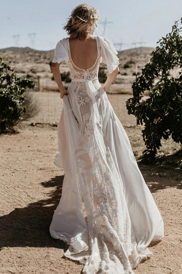 V-Ausschnitt Rückenfreies Spitzen-Chiffon-Bohemian-Brautkleid