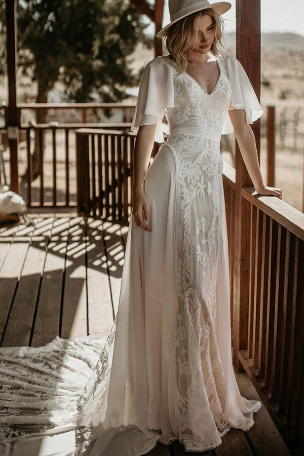 V-Ausschnitt Rückenfreies Spitzen-Chiffon-Bohemian-Brautkleid