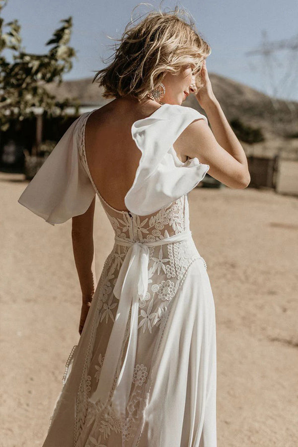 V-Ausschnitt Rückenfreies Spitzen-Chiffon-Bohemian-Brautkleid