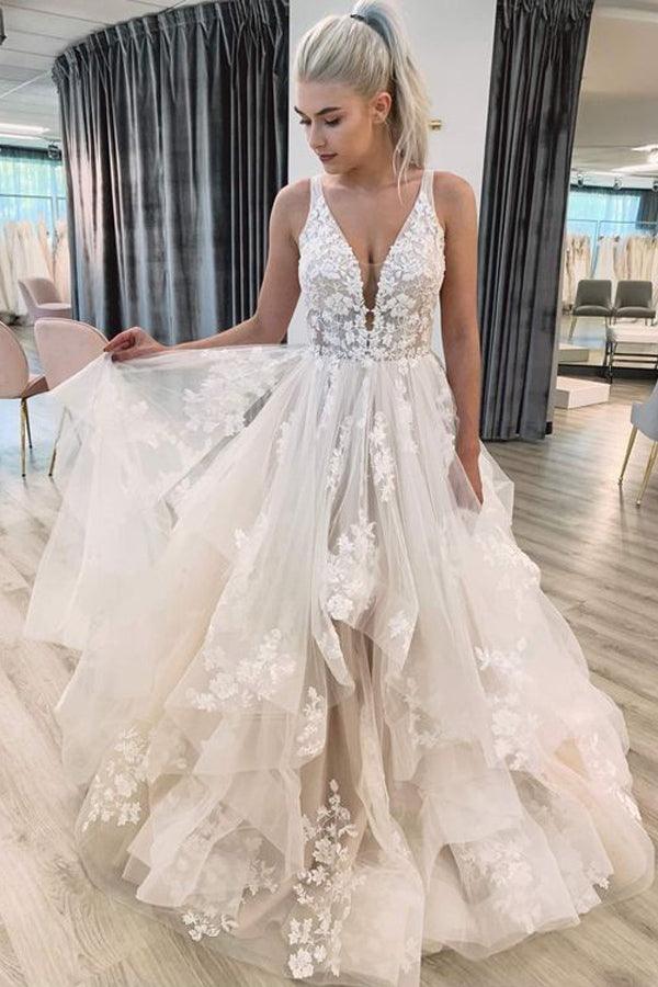 V-Ausschnitt Müde Tüll A-Linie Spitze Brautkleid Bodenlang