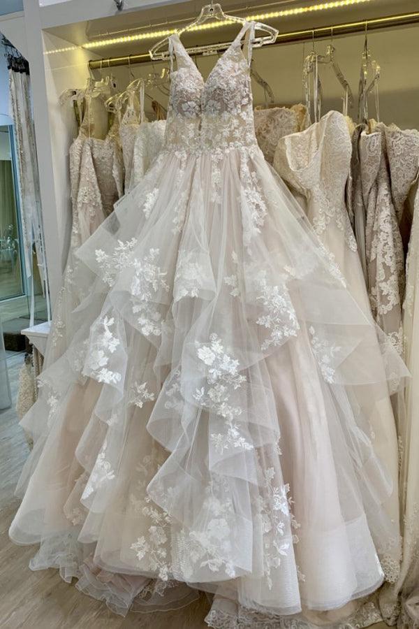 V-Ausschnitt Müde Tüll A-Linie Spitze Brautkleid Bodenlang