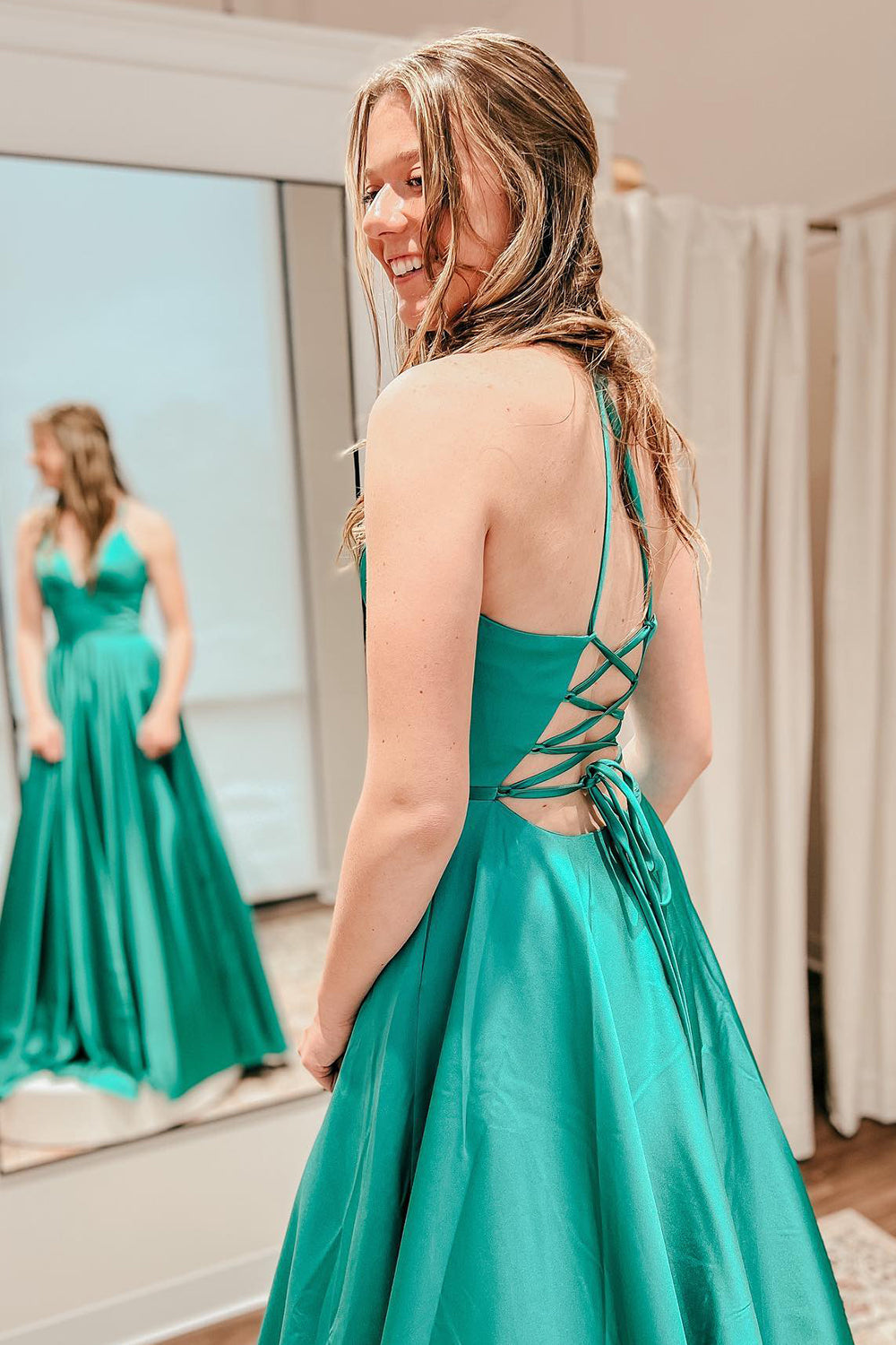 A Line Spaghetti Straps Satin Prom Dress with Slit