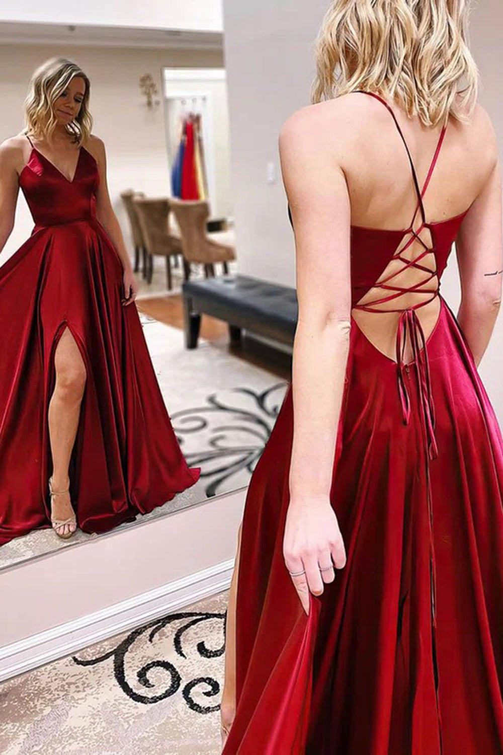 A Line Spaghetti Straps Satin Prom Dress with Slit