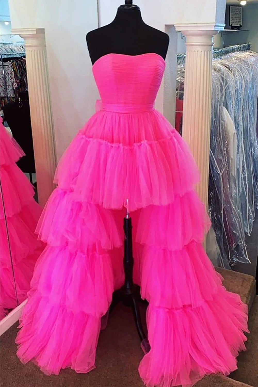 Roycebridal June | Vestido de fiesta de tul con volantes, corte A, sin tirantes y corte alto bajo