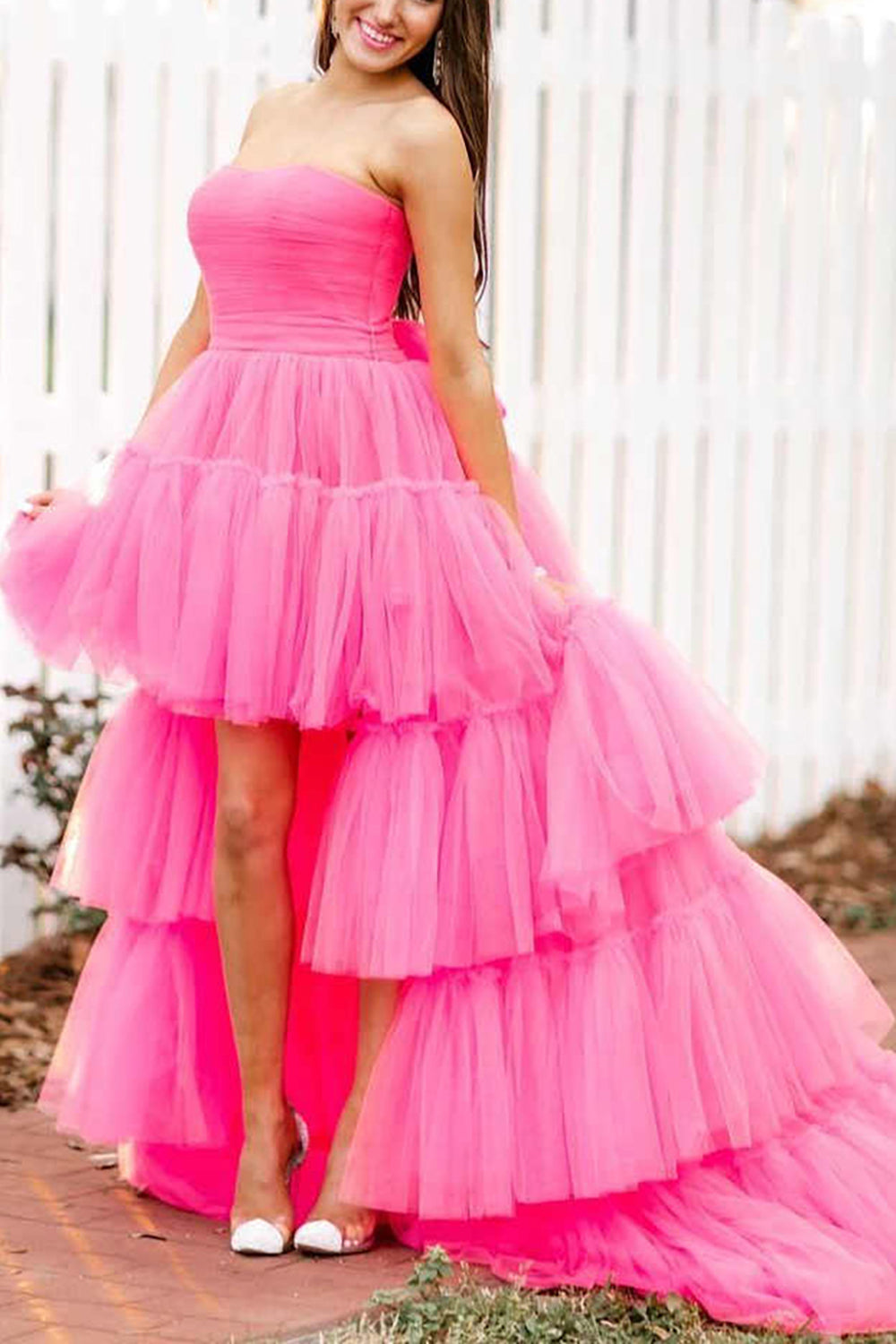 Roycebridal June | Vestido de fiesta de tul con volantes, corte A, sin tirantes y corte alto bajo
