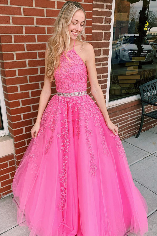 Roycebridal Nyla | Vestido de fiesta de tul con cuello halter, corte A, rosa intenso y apliques