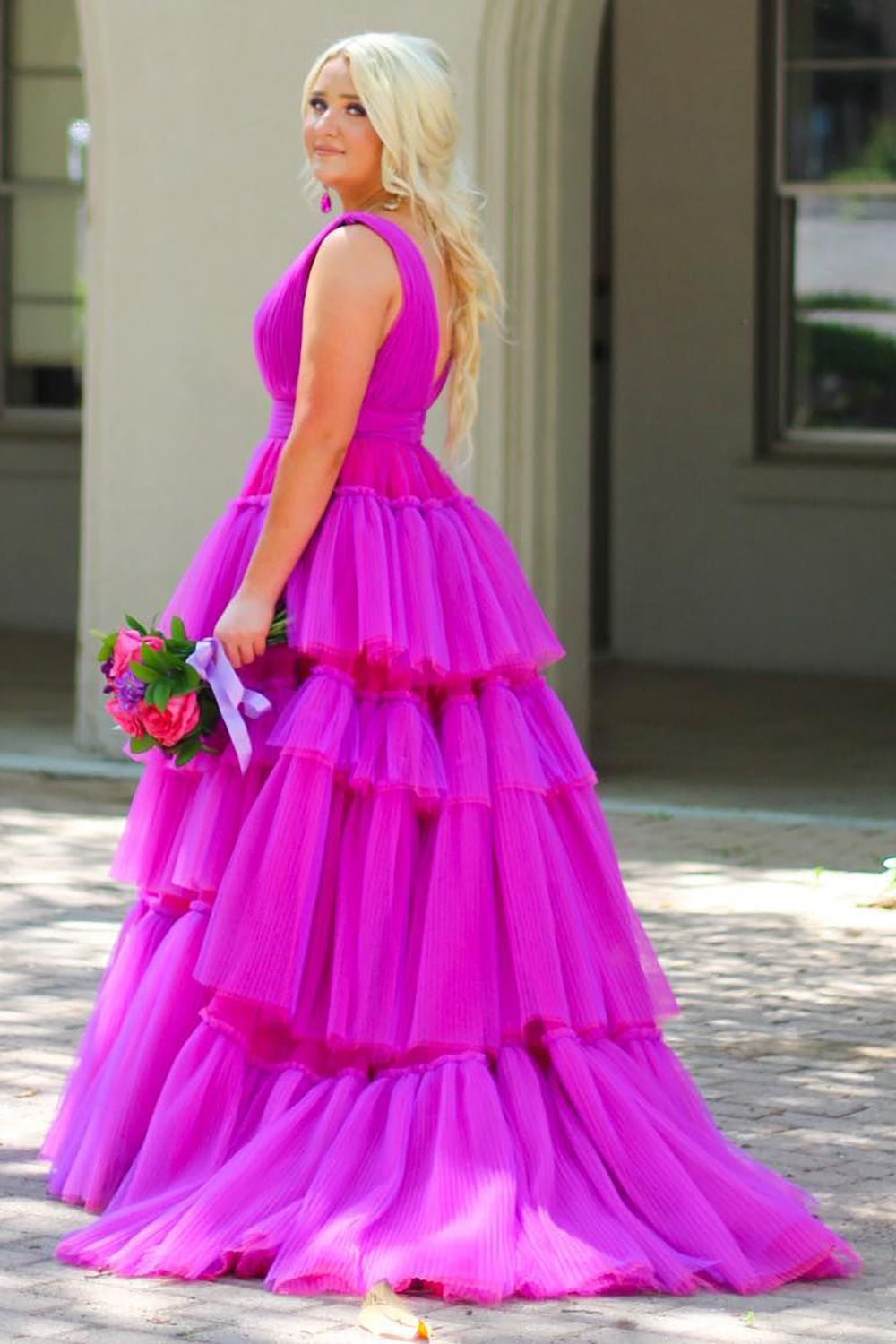 Roycebridal Giana |Vestido de fiesta de graduación de tul escalonado con cuello en V y corte A