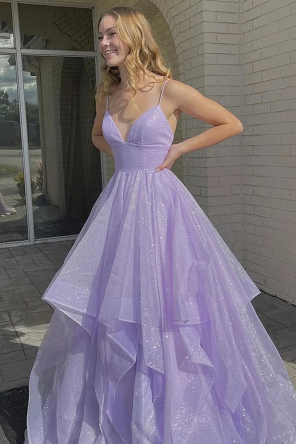 Roycebridal Lupe | Vestido de fiesta largo con tirantes finos, corte A y volantes