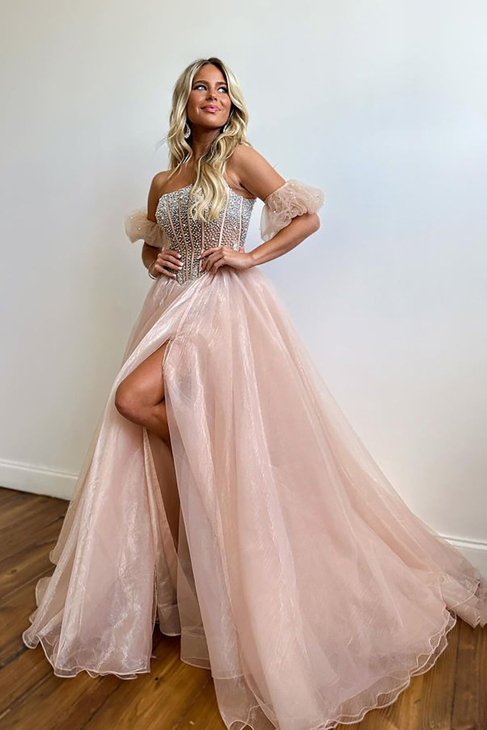 Roycebridal Brianna | Vestido de fiesta de organza con corsé ruborizado, sin tirantes y corte A