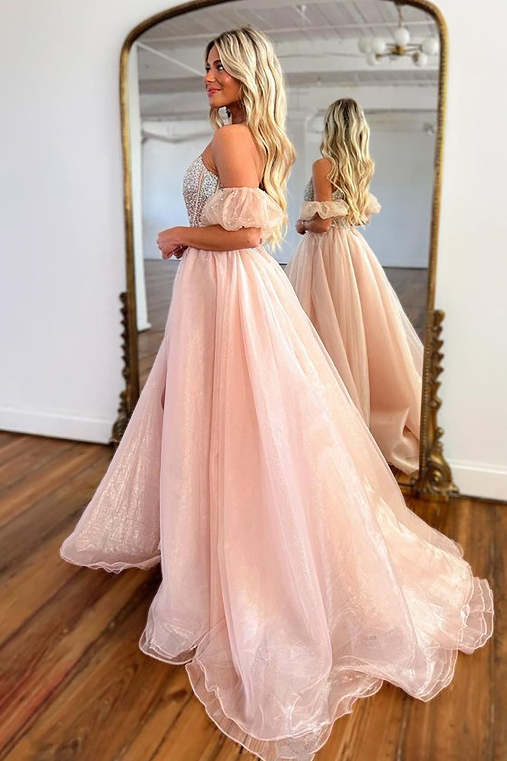Roycebridal Brianna | Vestido de fiesta de organza con corsé ruborizado, sin tirantes y corte A