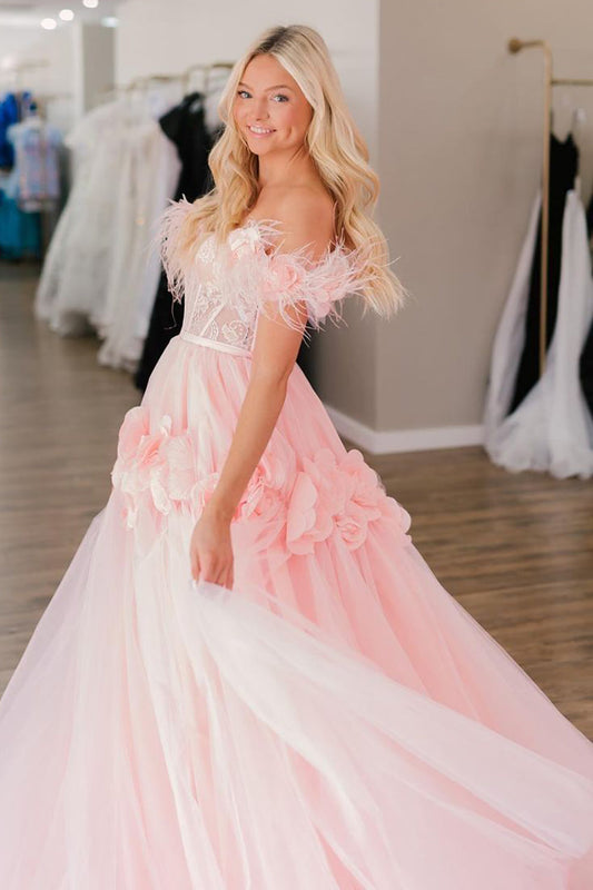 VESTIDO DE FIESTA DE PRINCESA CON HOMBROS DESCUBIERTOS, ENCAJE Y TUL