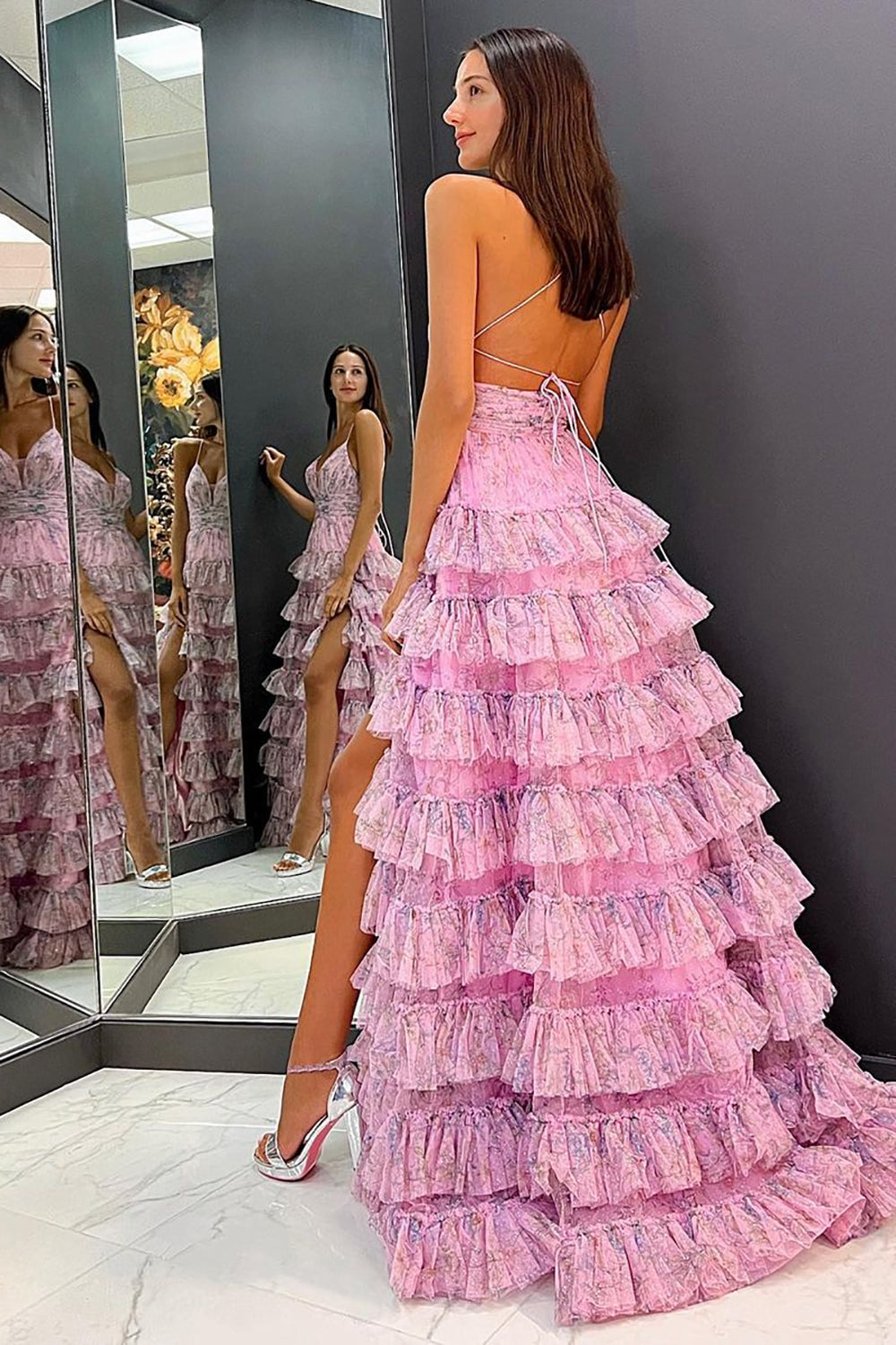 Roycebridal Lena | Vestido de fiesta de tul estampado con volantes y tirantes finos en corte A