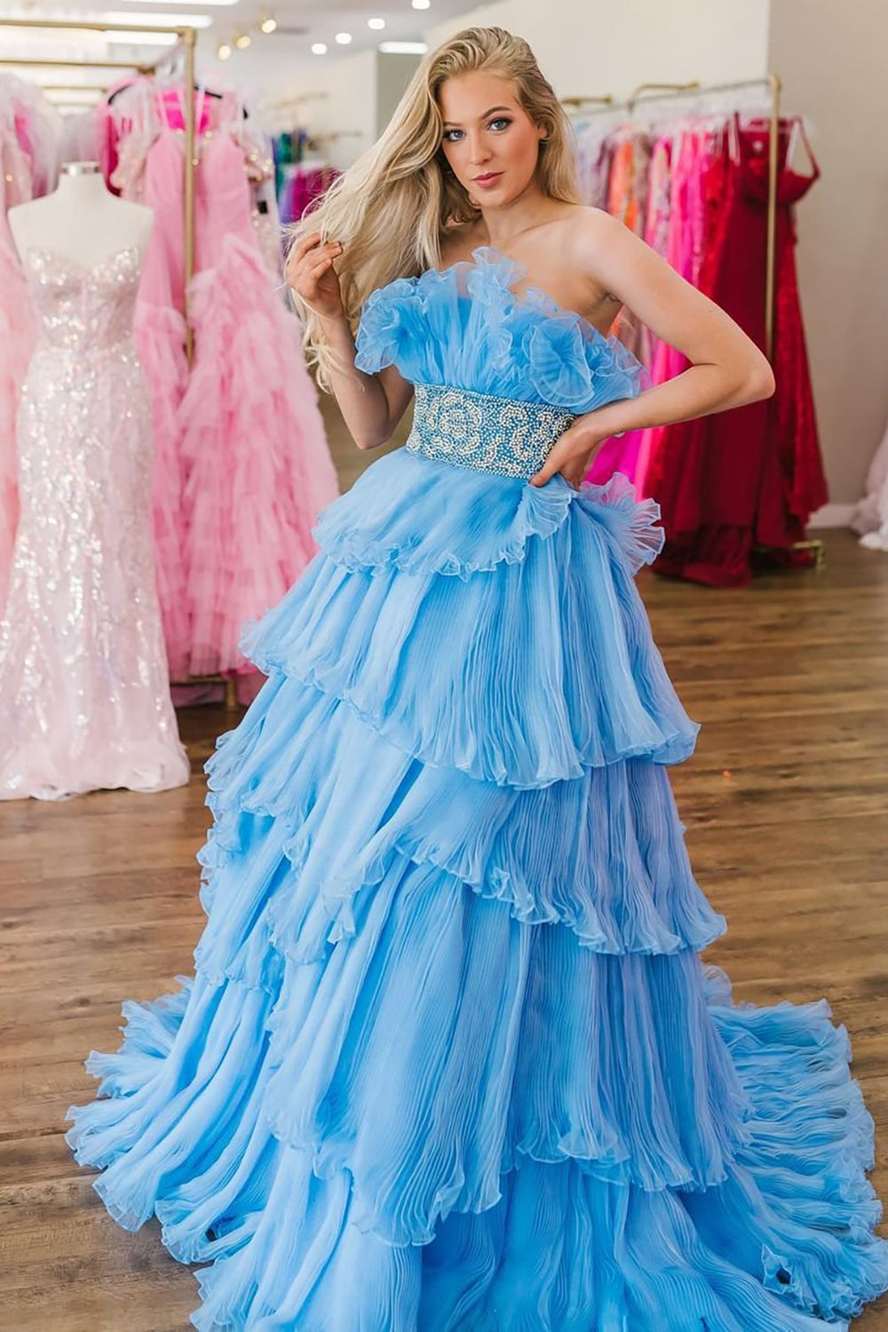 Roycebridal Peyton | Vestido de fiesta largo sin tirantes, corte A y volantes