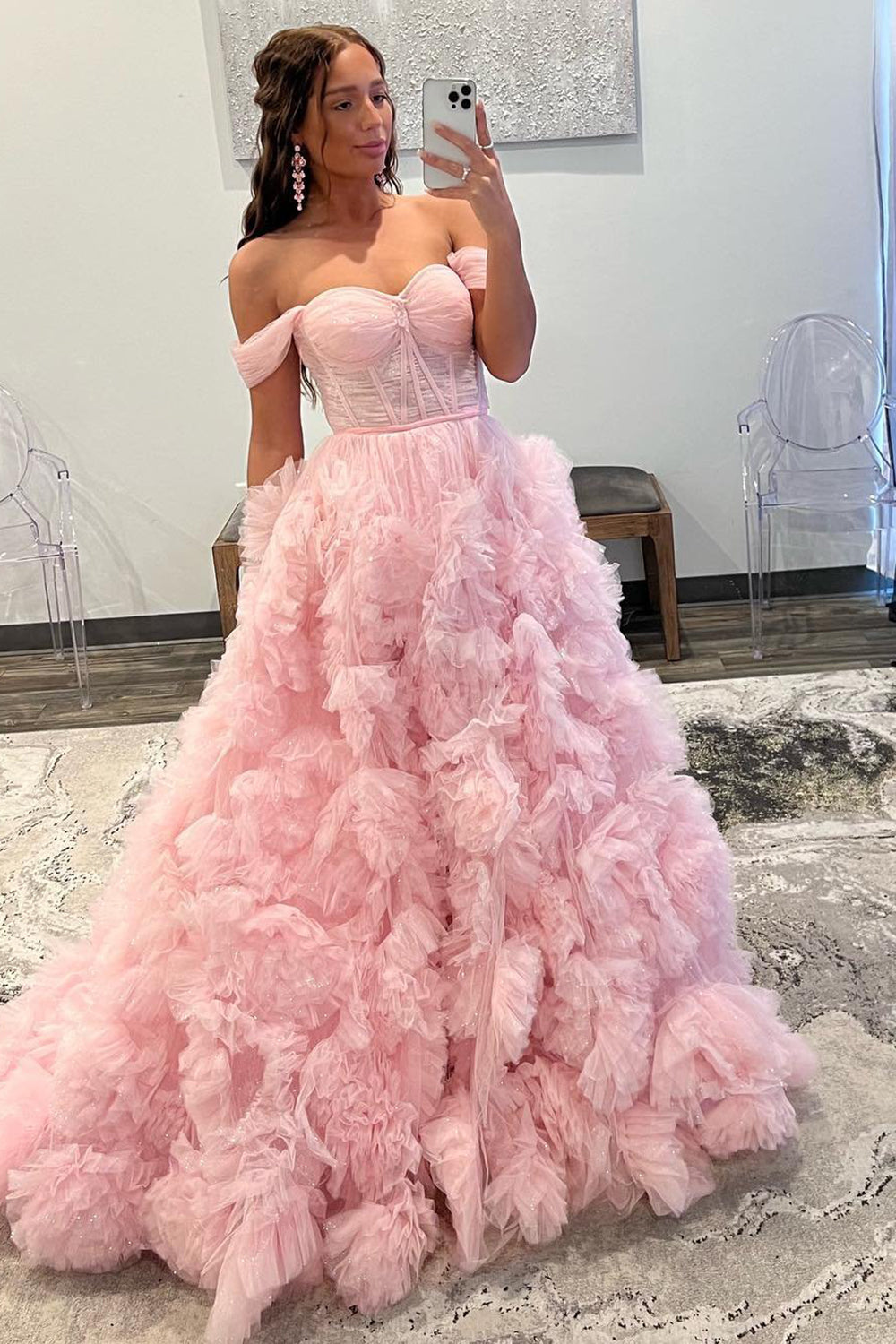 Roycebridal Kenia | Vestido de fiesta de tul con volantes, hombros descubiertos y abertura