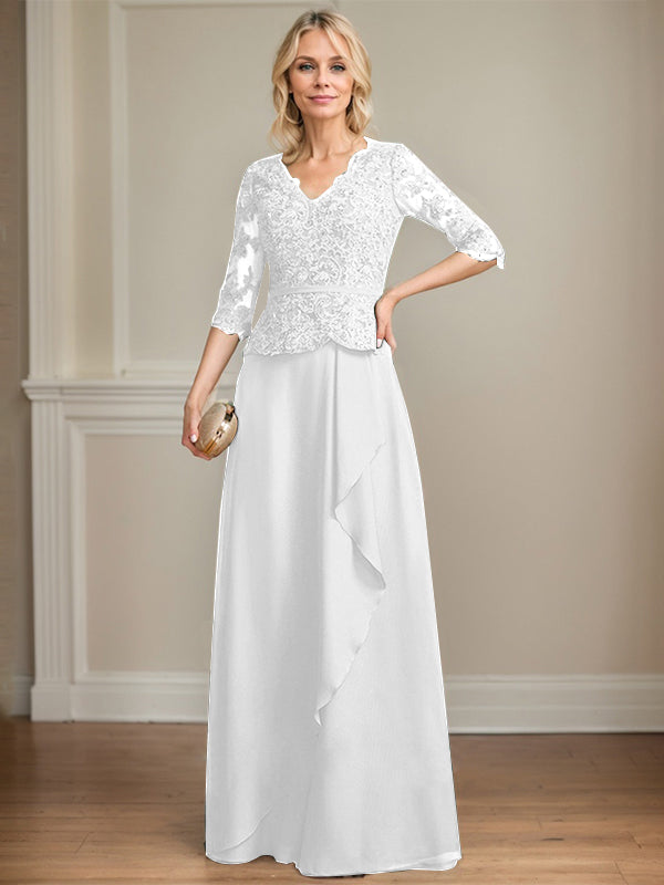 A-Linie, V-Ausschnitt, bodenlanges Chiffon-Kleid für die Brautmutter mit kaskadierenden Rüschen und Pailletten