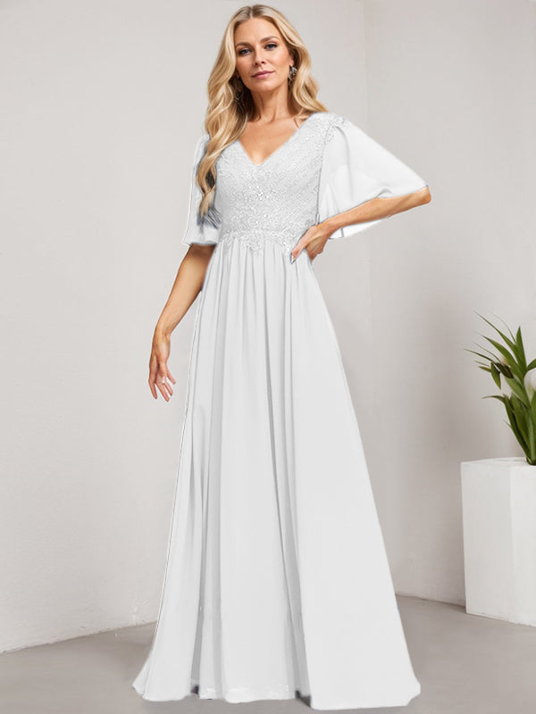 A-Linie V-Ausschnitt Bodenlanges Spitzen-Chiffon-Kleid für die Brautmutter mit Pailletten