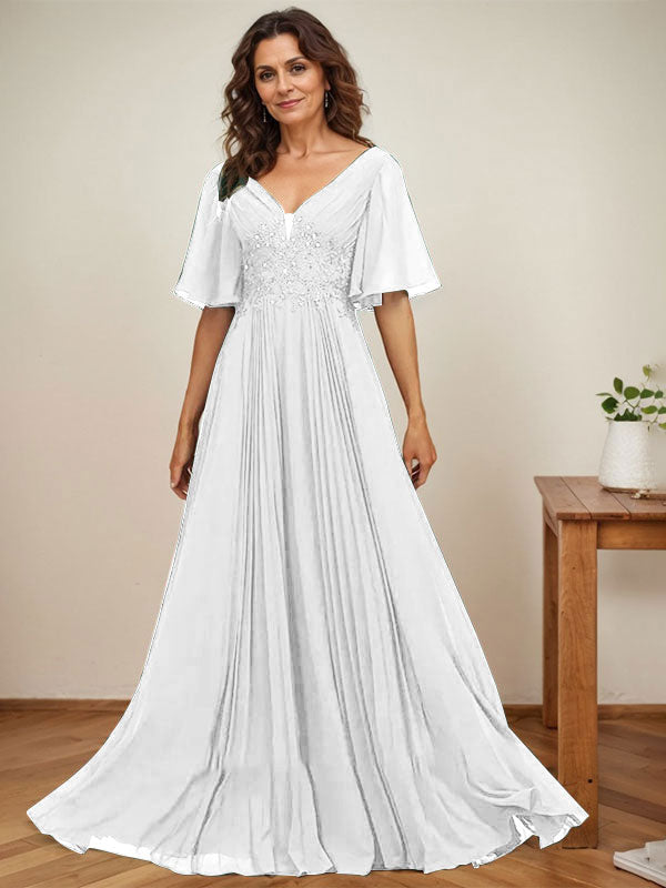 A-Linie V-Ausschnitt Bodenlang Chiffon Mutter der Braut Kleid Mit Pailletten Applikationen Spitze Plissee