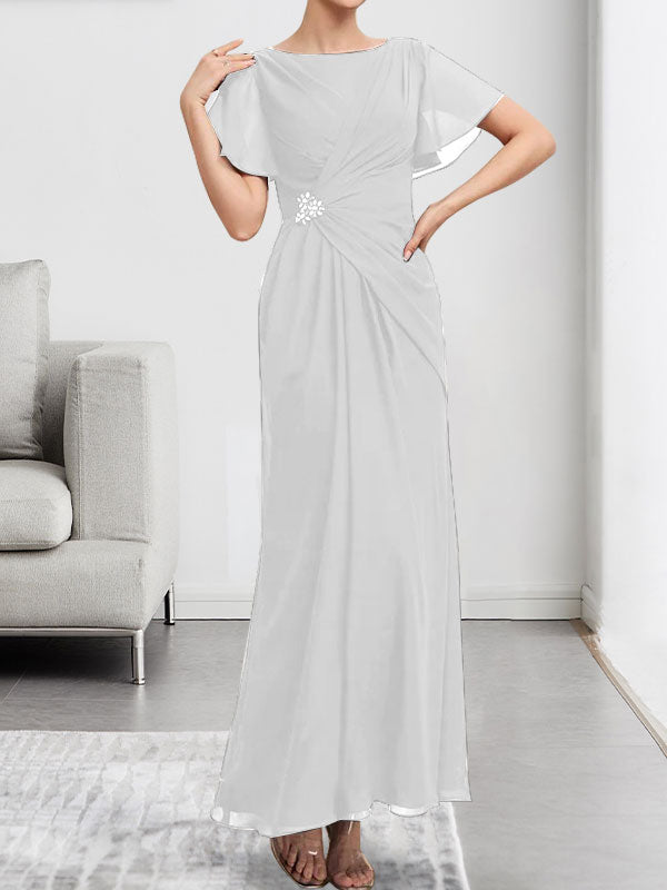 Vestido de gasa para madre de la novia con corte en A, escote redondo y largo hasta los tobillos, plisado con cuentas